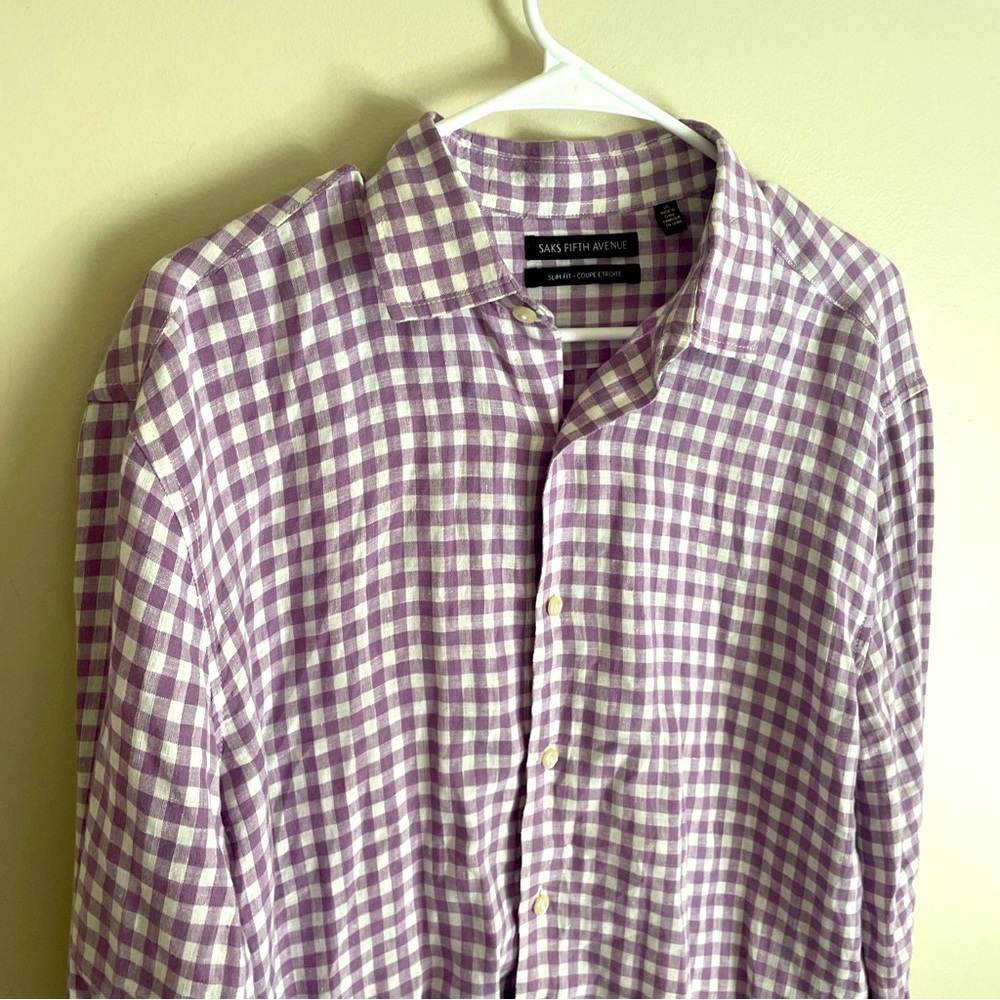 Men’s Saks Fifth Avenue, slim fit 100% linen LARGE button up shirt purple white